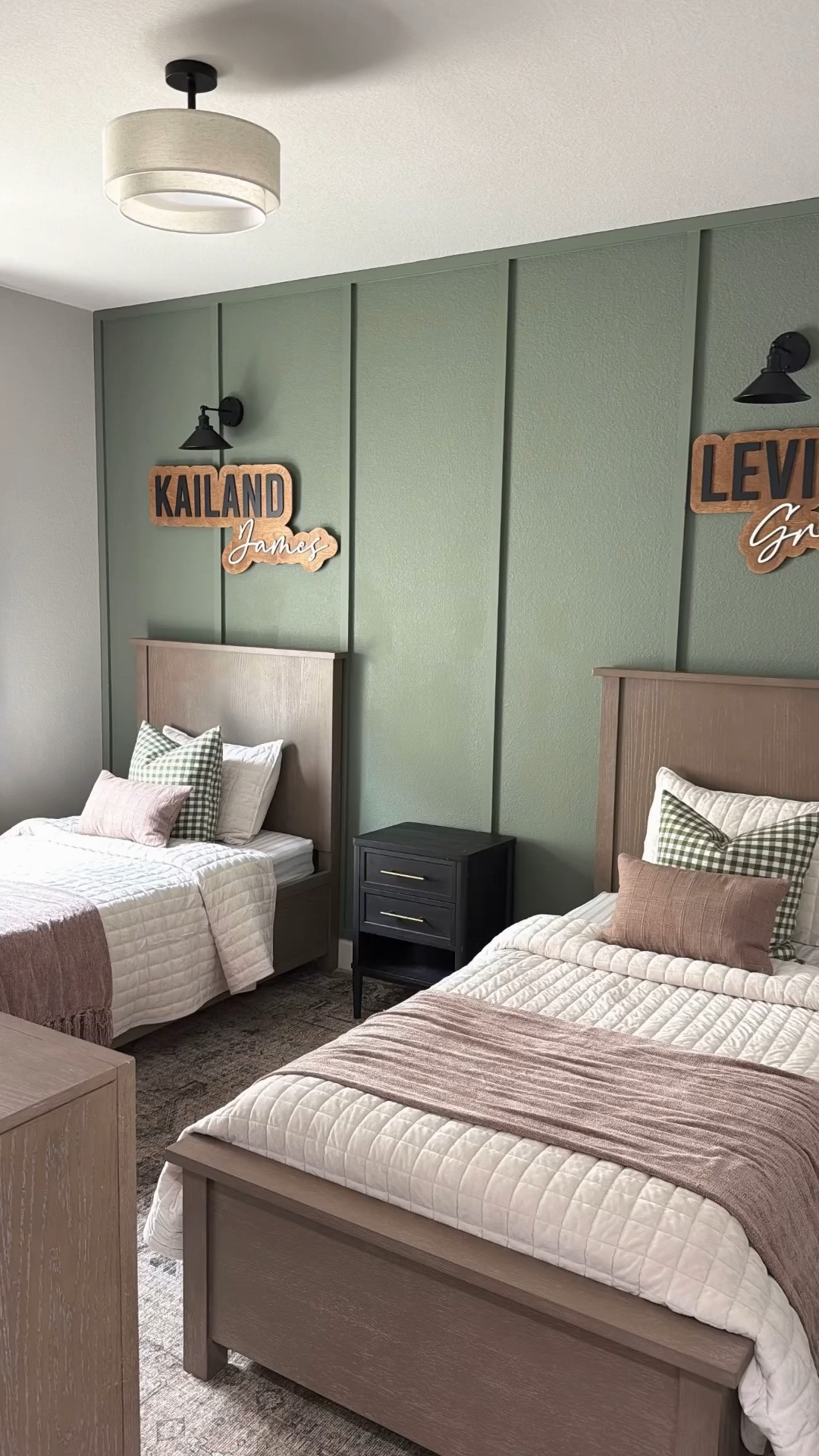 Shared Boys Bedroom!
Beds are Felipe Driftwood Twin Platform Bed from Living Spaces

Paint Color is Sherwin Williams Dried Thyme in Matte!