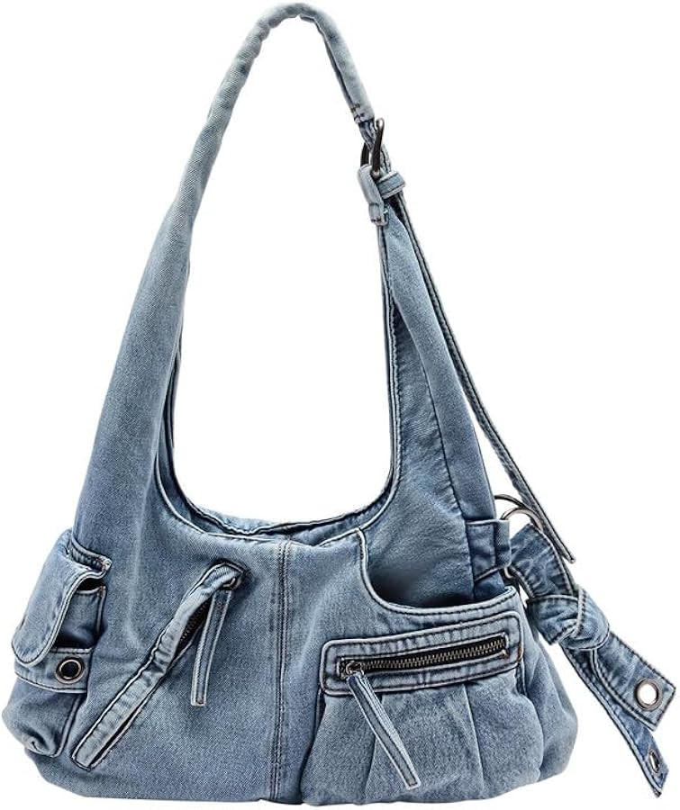 URBAN REVIVO Women's Denim Hobo Shoulder Bag, Multi-Pocket Utility Tote Handbag for Casual Daily ... | Amazon (US)