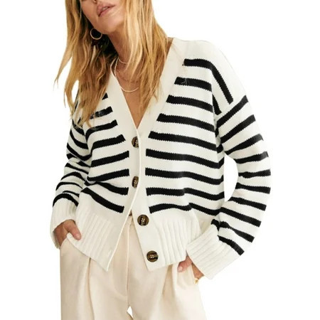 SHEWIN Striped Sweates Plus Size Cardigans for Women Casual Button Down V Neck Cute Cropped Outerwear Coats White Stripe | Walmart (US)