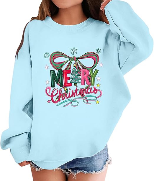 Girls Merry Christmas Sweatshirt Tree Print Long Sleeve Crewneck Casual Holiday Pullover Top for ... | Amazon (US)