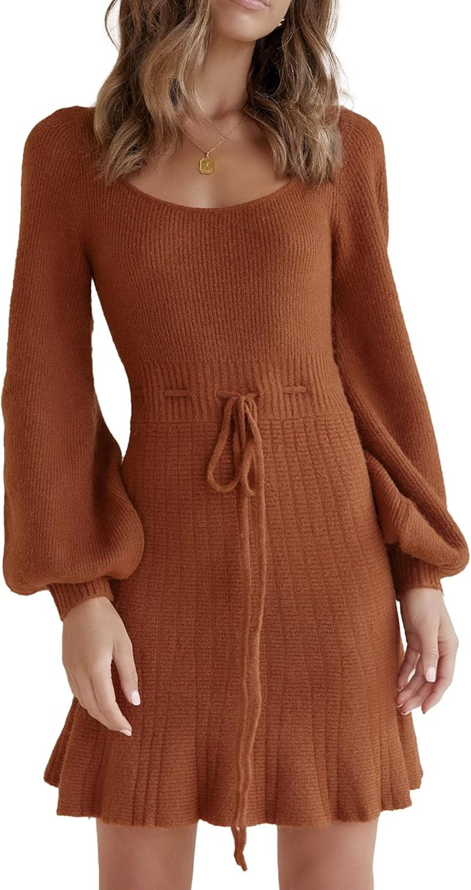 MASCOMODA Women's Fashion Lantern Long Sleeve Cutout Mini Sweater Dress Crewneck Slim Fit Solid A... | Amazon (US)