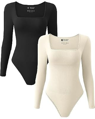 SUUKSESS Women Square Neck Long Sleeve Bodysuit Sexy Thong Bodysuit Shirts | Amazon (US)