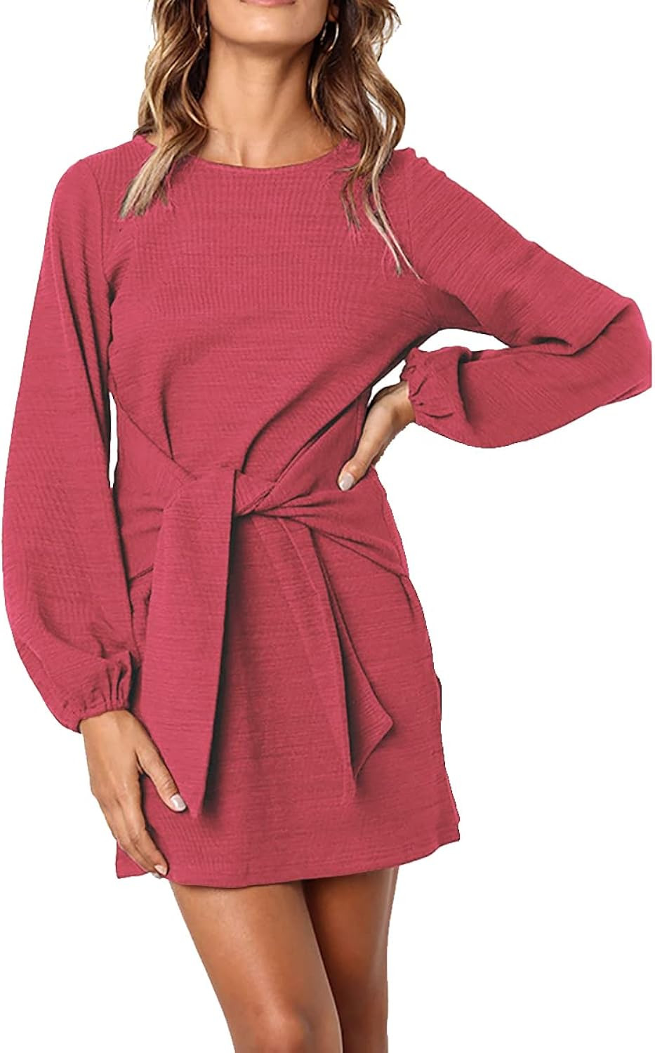 PRETTYGARDEN Women’s Elegant Long Lantern Sleeve Short Dress Crewneck Tie Waist Knit Cocktail Dress | Amazon (US)