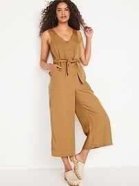 Sleeveless Voop-Neck Waist-Defined Jumpsuit for Women | Old Navy (US)