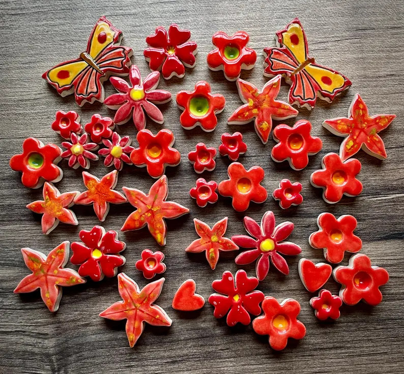 Handmade Red Ceramic Mosaic Tile Set: Flowers & Butterflies - Etsy | Etsy (US)
