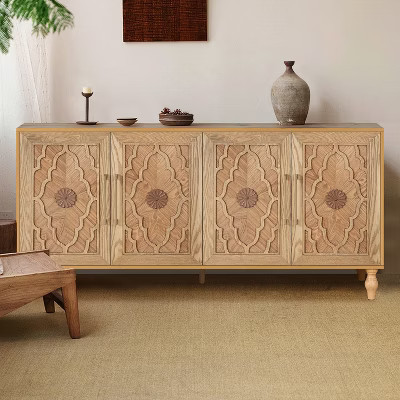 GDFStudio Mid Century Modern 62.99'' Carved Flower Door Cabinet with Adjustable Shelves, Natural | Target