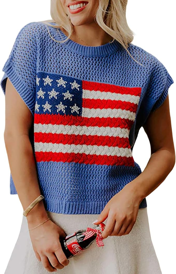 SELINK Womens Summer Crochet Tops Hollow Out Cap Sleeve American Flag Crew Neck Graphic Pullover ... | Amazon (US)