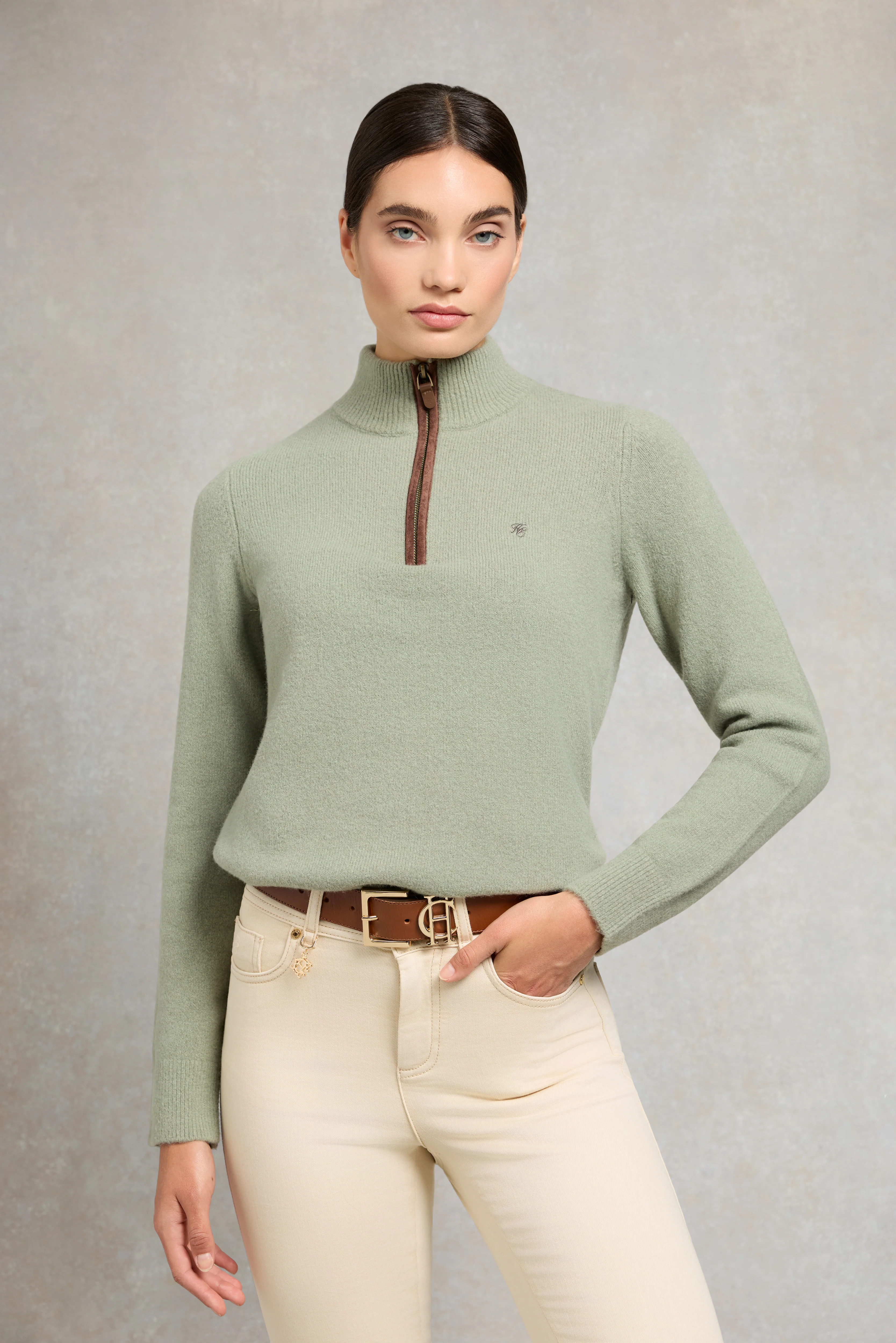 Country Quarter Zip Knit (Sage) | Holland Cooper