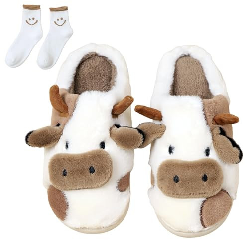 Cow Slippers for Women, Fluffy Animal Cow Slides for Adults, Cartoon Cute Winter Aesthetic House Shoes for Indoor and Outdoor Wear, Fuzzy Cozy Soft Warm Plush Cotton Slipper Kawaii (Brown Cow, 6.5) | Amazon (US)