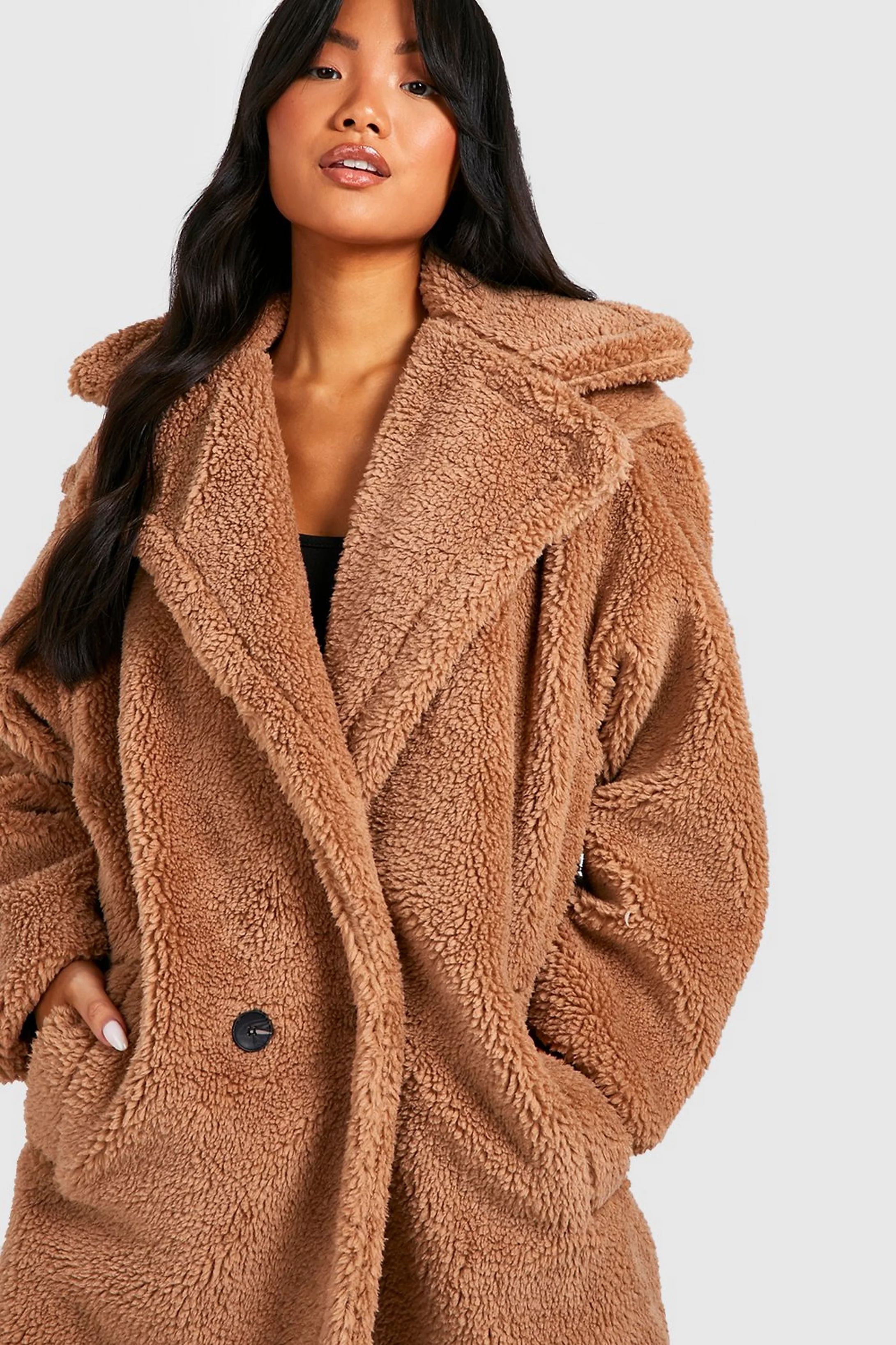 Petite Teddy Faux Fur Pocket Detail Maxi Coat | Boohoo.com (US & CA)