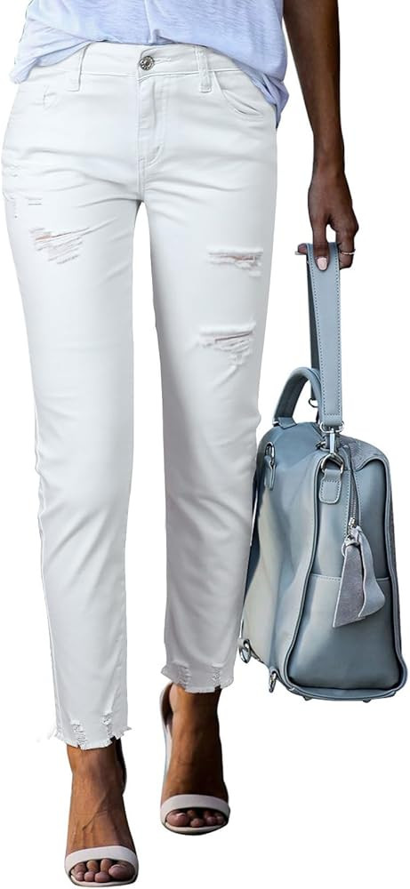 EVALESS Womens Jeans Mid Waisted Stretch Ripped Distressed Tummy Control Straight Ankle Jean for ... | Amazon (US)