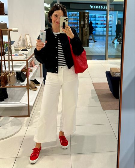 Shoe shopping outfit!
Sized up one to M in the bomber jacket (I have a long torso and arms), wearing my usual 27 in these copped jeans, they stretched out a bit with wash and wear, consider sizing down. Also linked my red bag and sneakers.
Tank is old but I linked similar 


#LTKstyletip #LTKitbag #LTKshoecrush