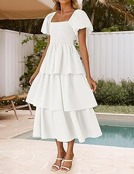 ZESICA Women's 2025 Summer Boho Midi Dress Short Puff Sleeve Flowy A Line Tiered Beach Vacation L... | Amazon (US)