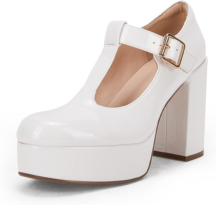 Coutgo Women's T-Strap Round Toe Platform Heels Chunky Heel Patent Mary Jane Dress Shoes | Amazon (US)