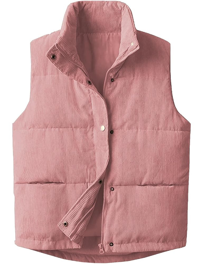 Womens Corduroy Puffer Vest Stand Collar Zip Snap Button Sleeveless Warm Waistcoat Padded Gilet | Amazon (US)