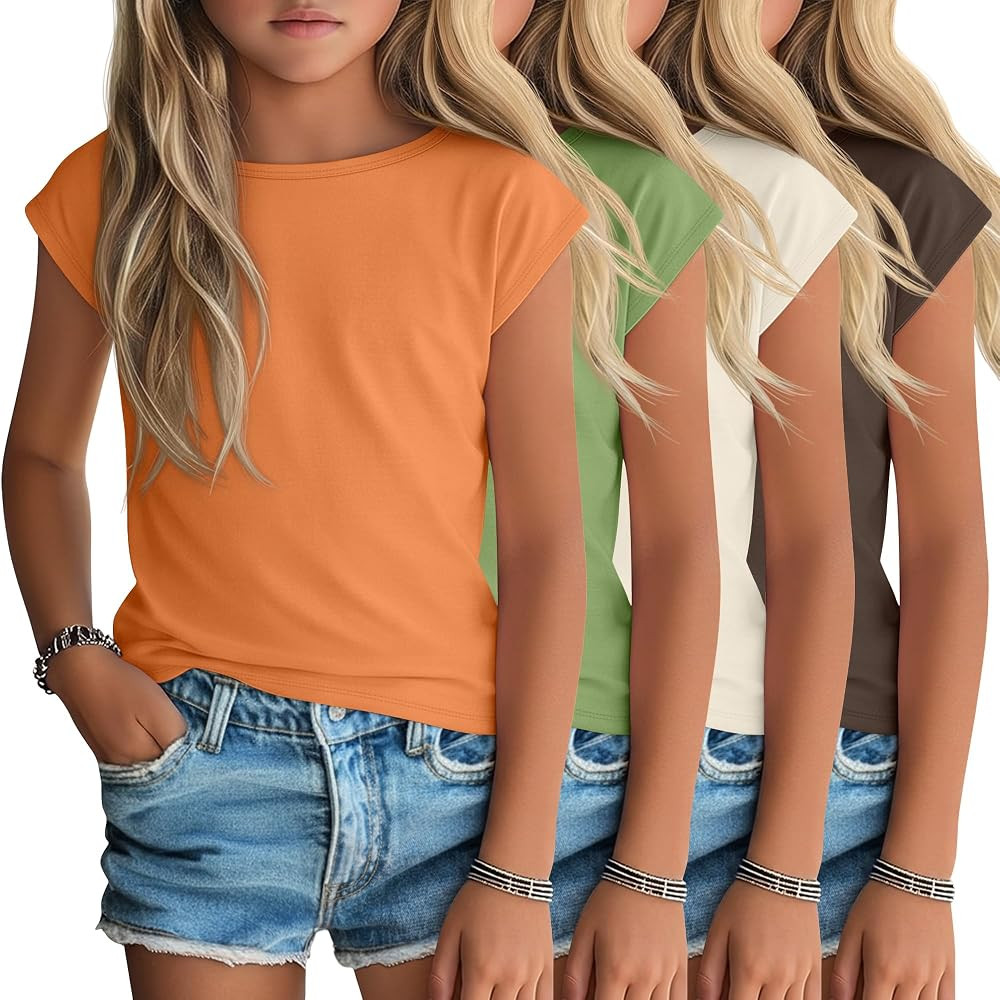 4 Pack Girls Short Cap Sleeve T Shirts Kids Loose Boat Neck Basic Tees Summer Casual Tops Multipa... | Amazon (US)