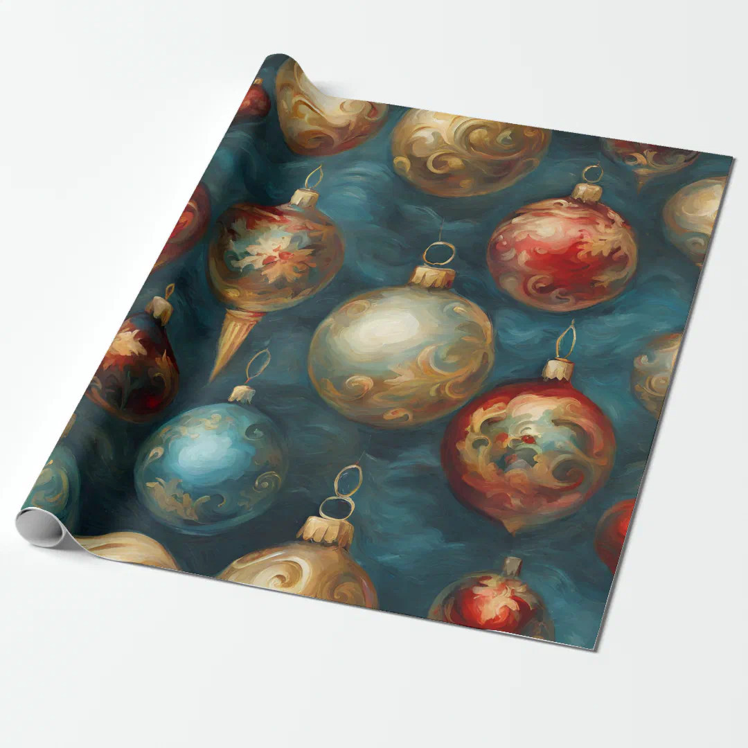 Victorian Christmas Ornaments on Elegant Blue  Wrapping Paper | Zazzle | Zazzle