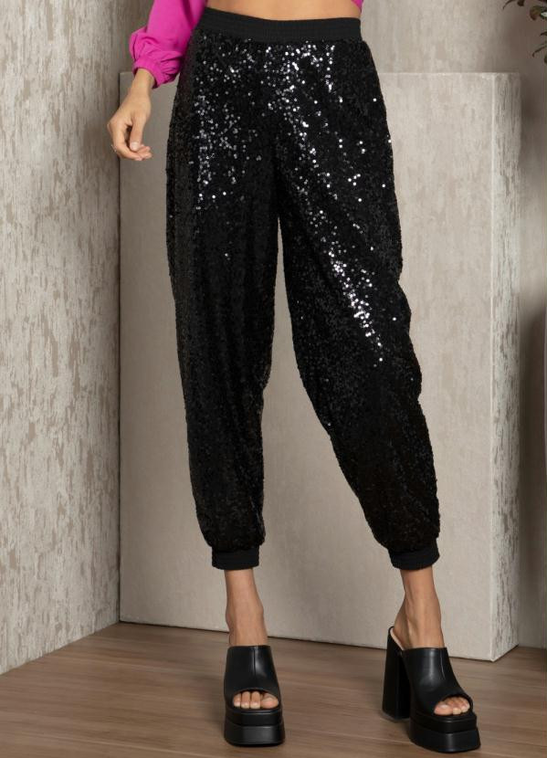 Quintess - Calça Jogger Preta em Paetê Forrada | Posthaus (BR)