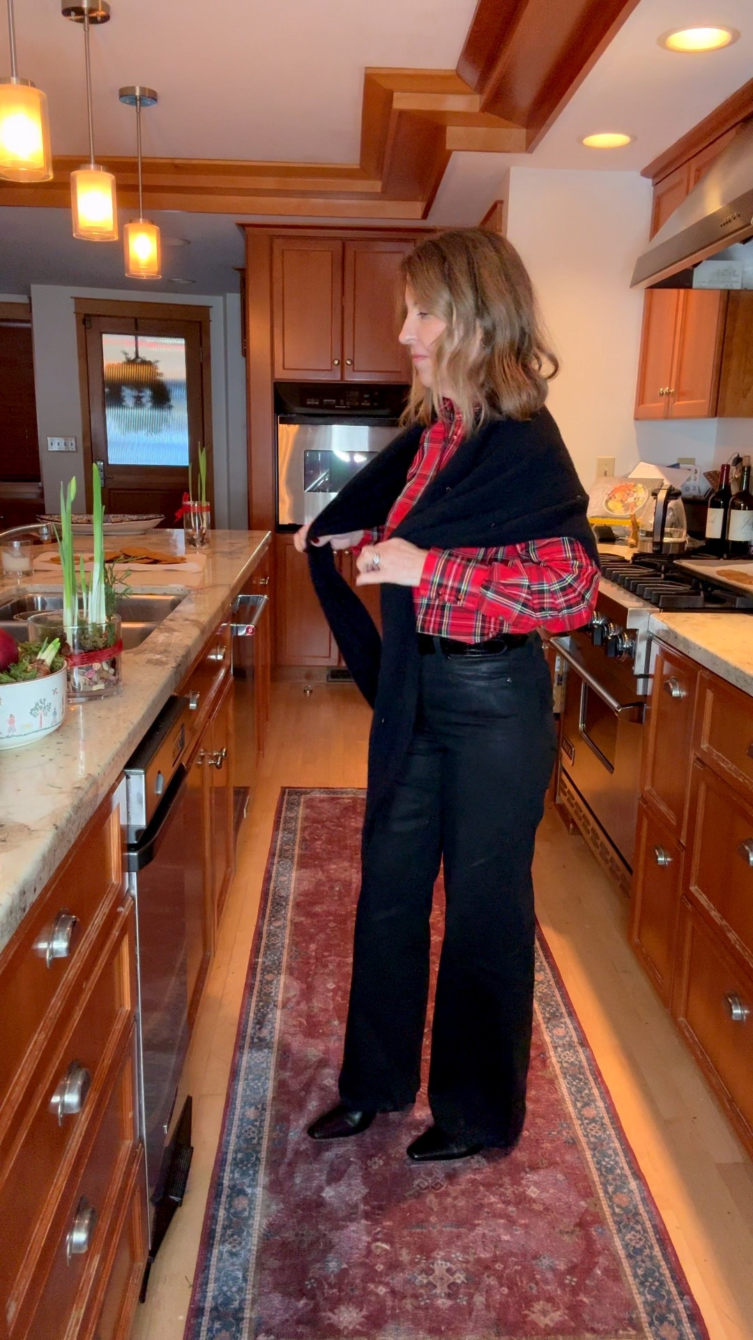 Holiday ootd. Wearing a triangle scarf, a plaid top, coated jeans, and boots. All fit tts. 

#LTKOver40 #LTKHoliday #LTKSeasonal