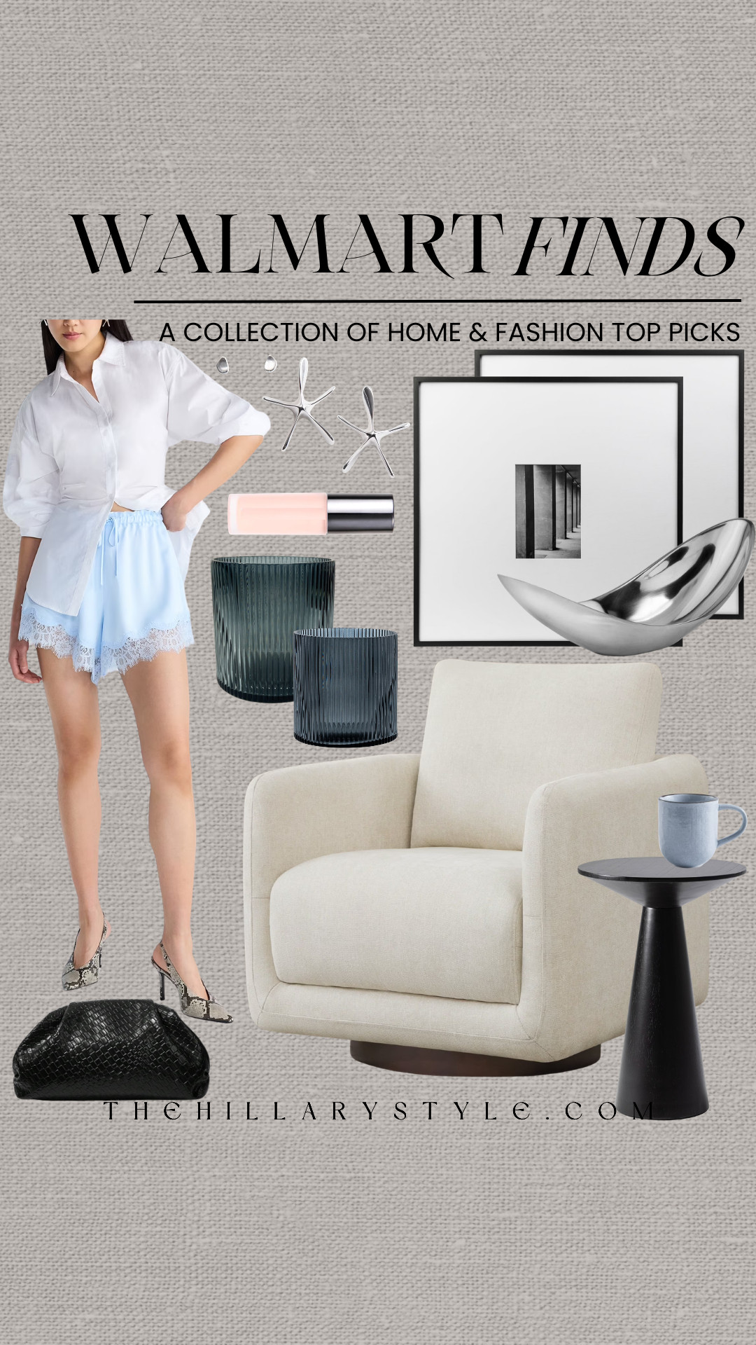 Walmart Spring Refresh | Modern Organic Home & Style Picks
Spring 2026 is all about a fresh, airy aesthetic, and Walmart’s latest drop is the perfect mix of modern organic and elevated basics. I am obsessed with these blue lace-trim shorts—they add such a feminine, "poet-core" touch when paired with a crisp white button-down. For the home, we’re leaning into quiet luxury with sculptural chrome accents, fluted glass, and this stunning cream swivel gallery chair. These high-end looks are proof you don’t have to overspend to achieve a curated, designer-inspired space. Whether you’re updating your spring capsule wardrobe or refreshing your reading nook, these finds are the ultimate seasonal transition. 

 #TheHillaryStyle #WalmartFinds #WalmartHome #SpringFashion2026 #ModernOrganic #QuietLuxury #ElevatedBasics #SpringStyle #HomeRefresh #AffordableLuxury #PoetCore #NeutralHome #WalmartFashion #InteriorInspo 

#LTKootd #LTKSeasonal #LTKHome