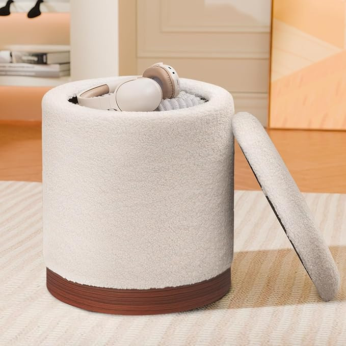 Joveco Round Storage Ottoman with Removable Lid, Boucle Small Upholstered Padded Vanity Foot Rest... | Amazon (US)