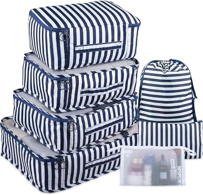 Packing Cubes 7 Pcs Travel Luggage Packing Organizers Set with Toiletry Bag (Navy+White) | Amazon (US)