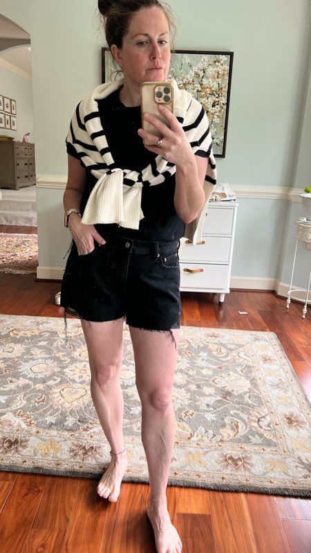 Basic black Jean shorts size 29 and hit perfectly at waist. Vintage perfect tee  stripe sweater. Capsule wardrobe for summer European travel outfits. Classic elegant easy to mix and match  

#LTKTravel #LTKOver40 #LTKMidsize