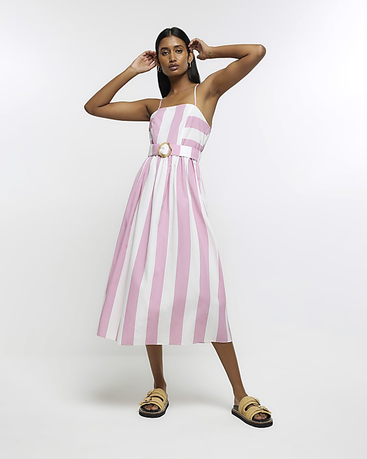 Pink striped belted swing midi dress | River Island (UK & IE)