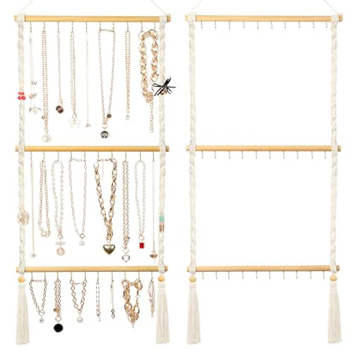 UREYMX Hanging Jewelry Organizer Macrame Necklace Holder, with 30 Hooks, Over Door Necklace Rack,... | Amazon (US)