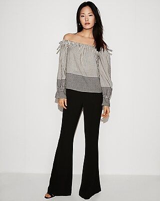 Express Womens Gingham Stripe Off The Shoulder Top Black And White Women's Xxs Black And White Xxs | Express