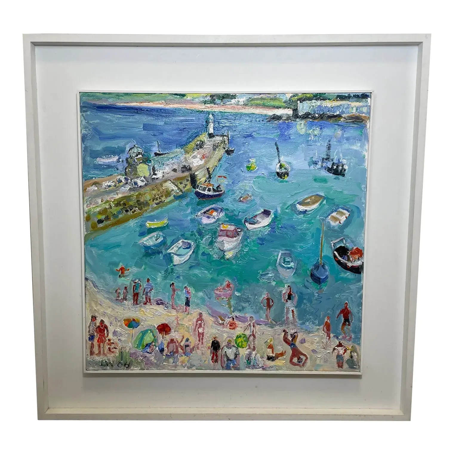 British Expressionist Oil Painting St Ives Smeaton's Pier Beach Fun in the Sun Cornwall by Linda ... | Chairish