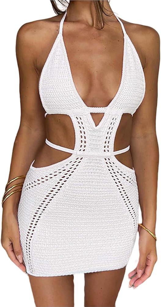 Women's Sexy Halter Hollow Out Knitted Mini Dress Sleeveless Backless Lace Up Bodycon Summer Beac... | Amazon (US)