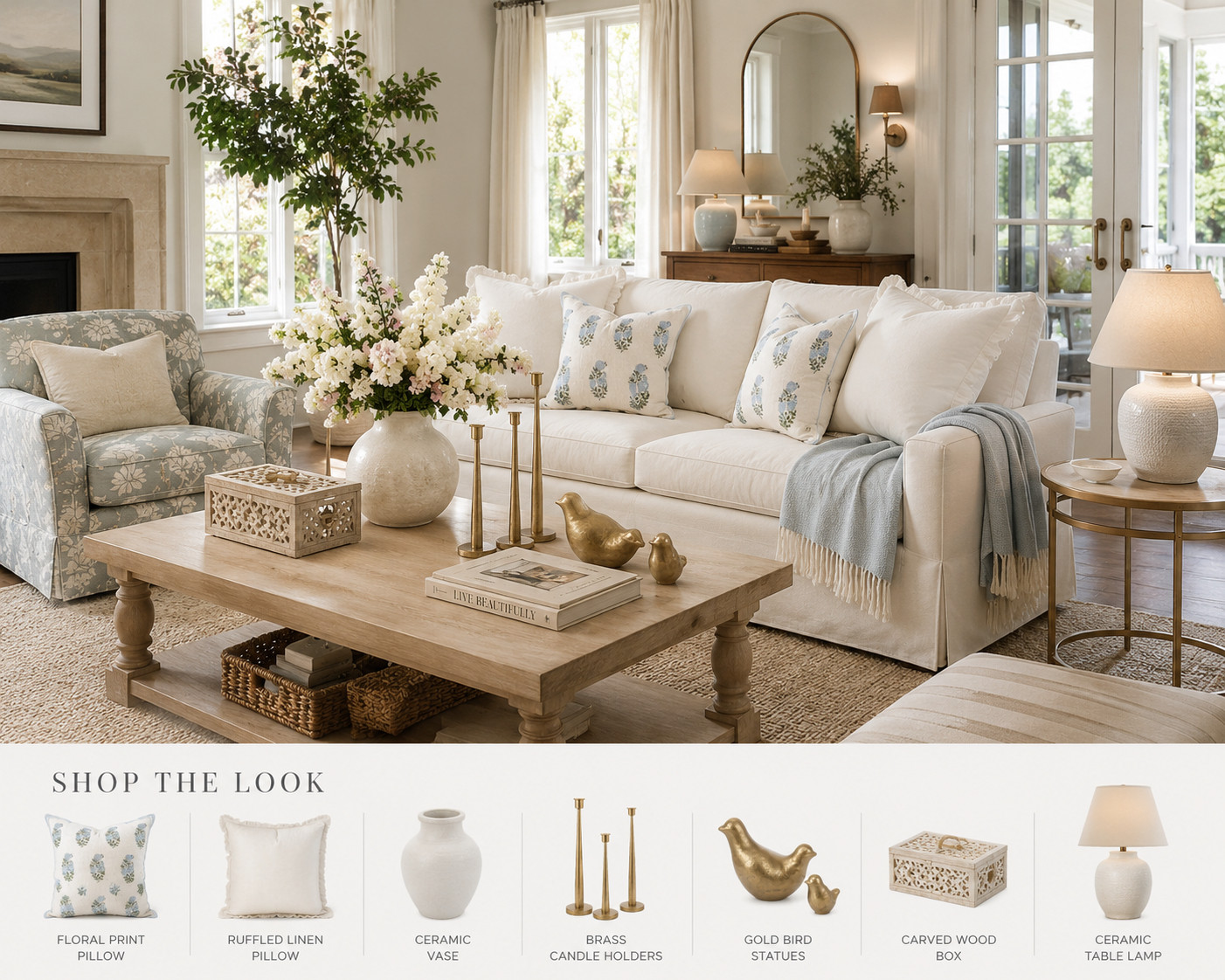 Cottage Living Room 🤍 A beautiful mix of soft neutrals, cozy textures, and timeless details that make any space feel warm and welcoming.

#FloralPillows
#LinenPillows
#CeramicVase
#BrassCandleHolders
#GoldBirdStatues
#CarvedWoodBox
#CeramicTableLamp
 

 #LTKHome
