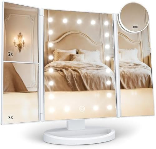 HUONUL Makeup Mirror Vanity with Lights, 2X 3X 10X Magnification, Touch Control, Trifold Mirror, ... | Amazon (US)