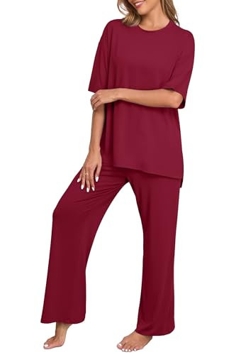 PrinStory Pajama Sets for Women 2 Piece Lounge Set Oversized Pajamas Set for Woman Loungewear with Pockets Wine Red-M | Amazon (US)
