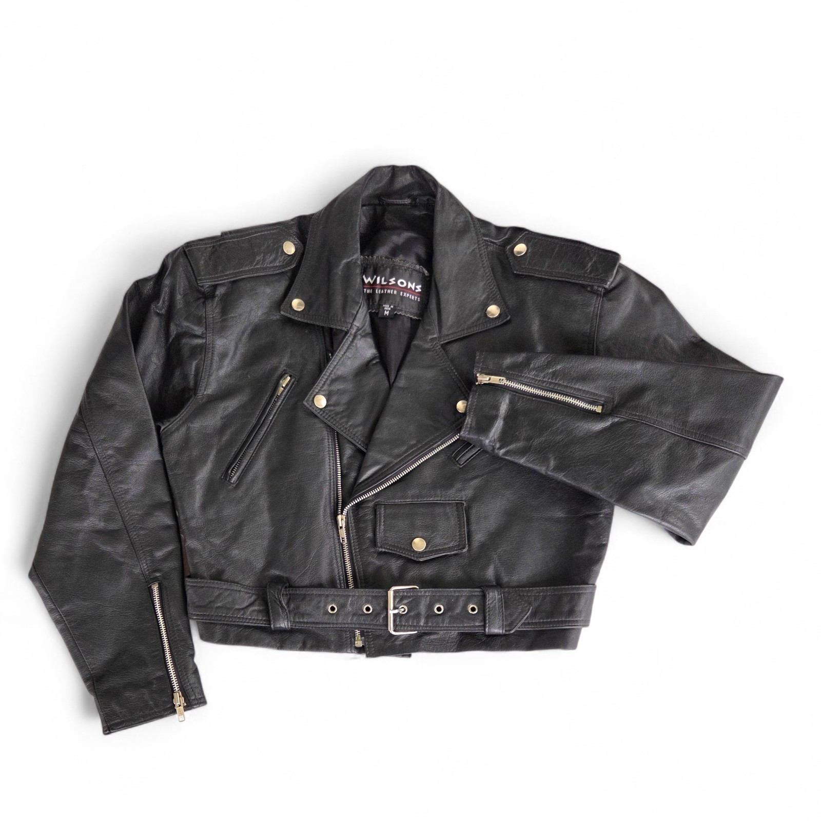 Vtg 90s Womens Wilsons Leather Cropped Moto Jacket Sz M Belted Biker Punk *READ* | eBay US