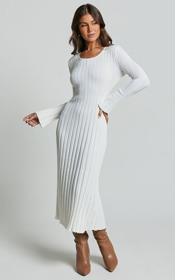 Blaire Midi Dress - Long Sleeve Tie Back Flare Dress in Ivory | Showpo (US, UK & Europe)