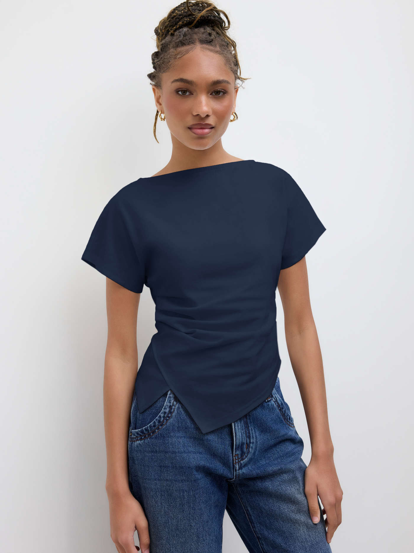 Cotton-blend Boat Neck Ruched Asymmetrical Hem Tee | Cider