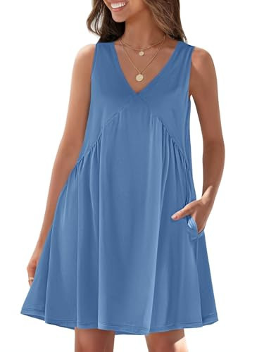 MEROKEETY Women's Summer 2024 Sleeveless Mini Dress V Neck Ruffle Casual Loose Flowy Beach Sundress, Dustyblue, S | Amazon (US)