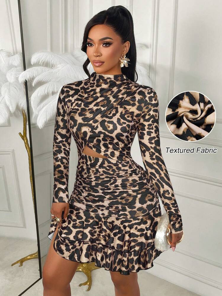 AIJ Sexy & Elegant Leopard Print Hollow Out Ruched Stand Collar Long Sleeve Mini Dress For Women Spring Vacation | SHEIN
