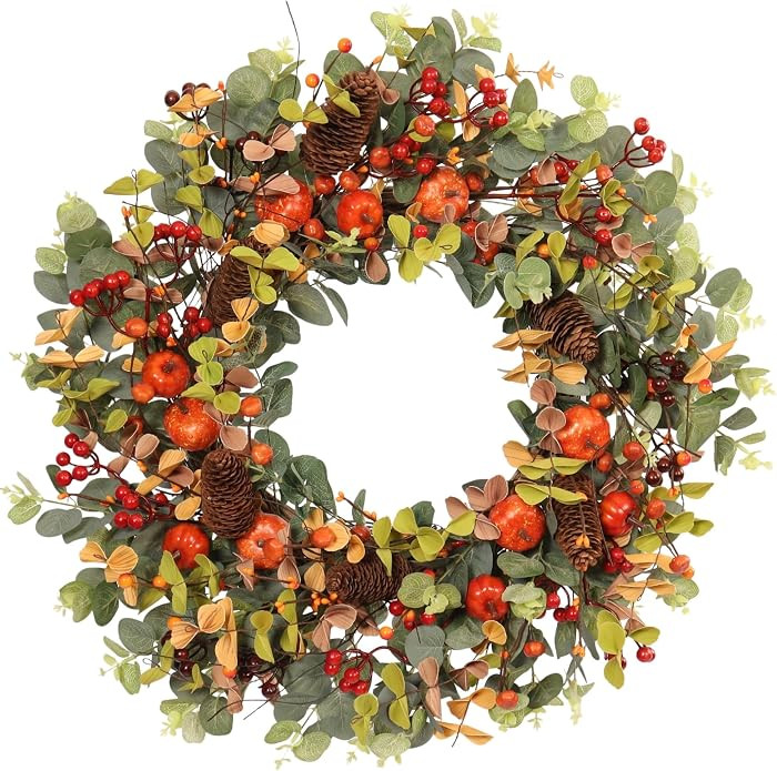 Fall Wreath 22 Inch Eucalyptus Pinecone Pumpkin Front Door D\u00e9cor | Amazon (US)