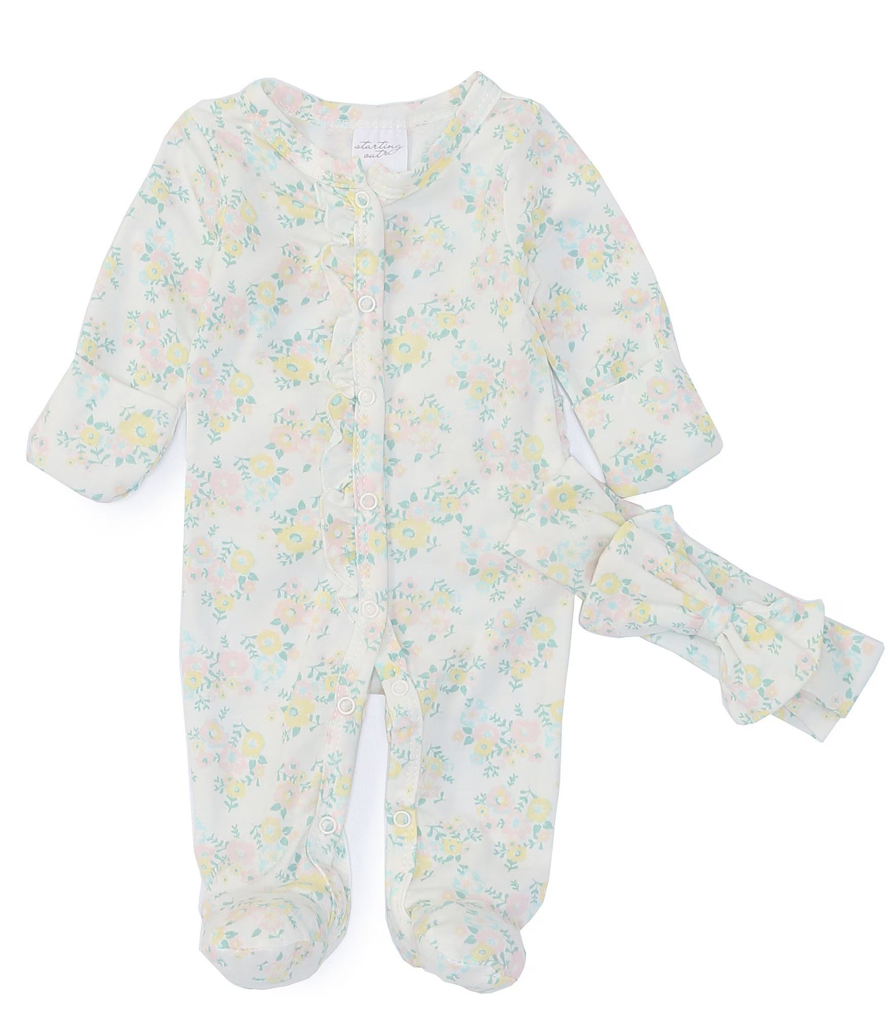 Baby Girls Preemie-9 Months Floral Print Long Sleeve Ruffle Footed Coverall & Matching Bow Headba... | Dillards