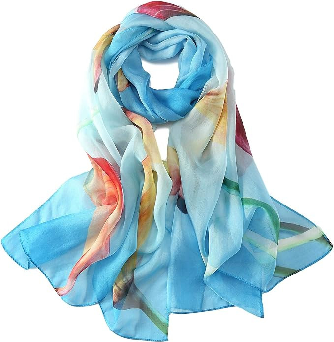 JWSilk Long Silk Chiffon Scarf Floral Print | Amazon (US)