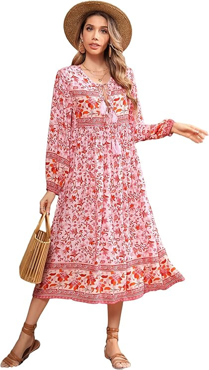R.Vivimos Women's Long Sleeves Floral Print Retro V Neck Tassel Casual Bohemian Midi Dresses | Amazon (US)