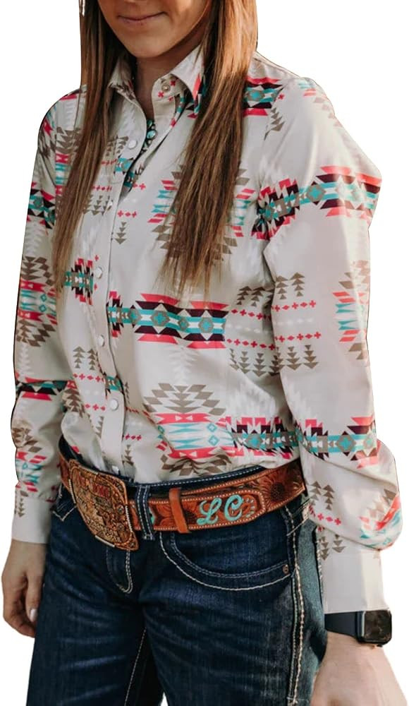 Joiemont Women's Retro Aztec Shirt Western Cowgirl Pearl Snap Blouses Button Up Long Sleeve Ethni... | Amazon (US)