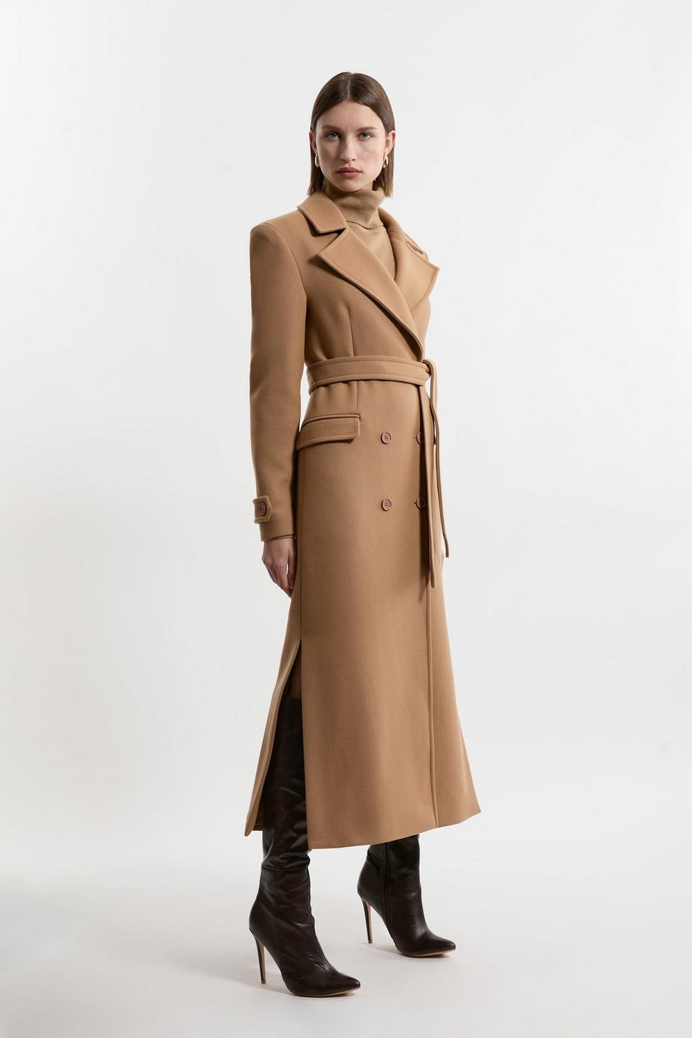 Premium Italian Manteco Wool Double Breasted Belted Tailored Midaxi Coat | Karen Millen UK + IE + DE + NL