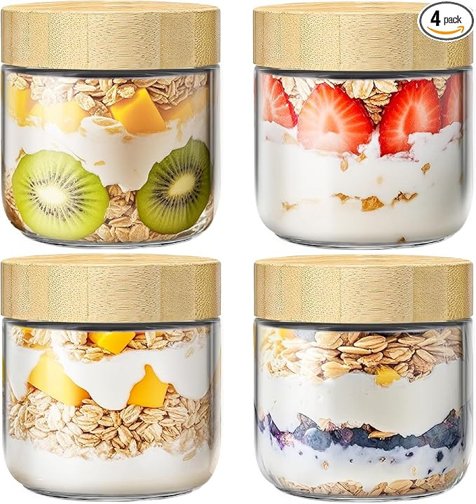 4 Pack 10oz Overnight Oats Containers with Bamboo Lids, Glass Jars with Airtight Lids for Meal Pr... | Amazon (US)