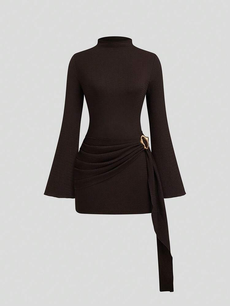 Curve+ bell sleeve dress with metal detail | SHEIN