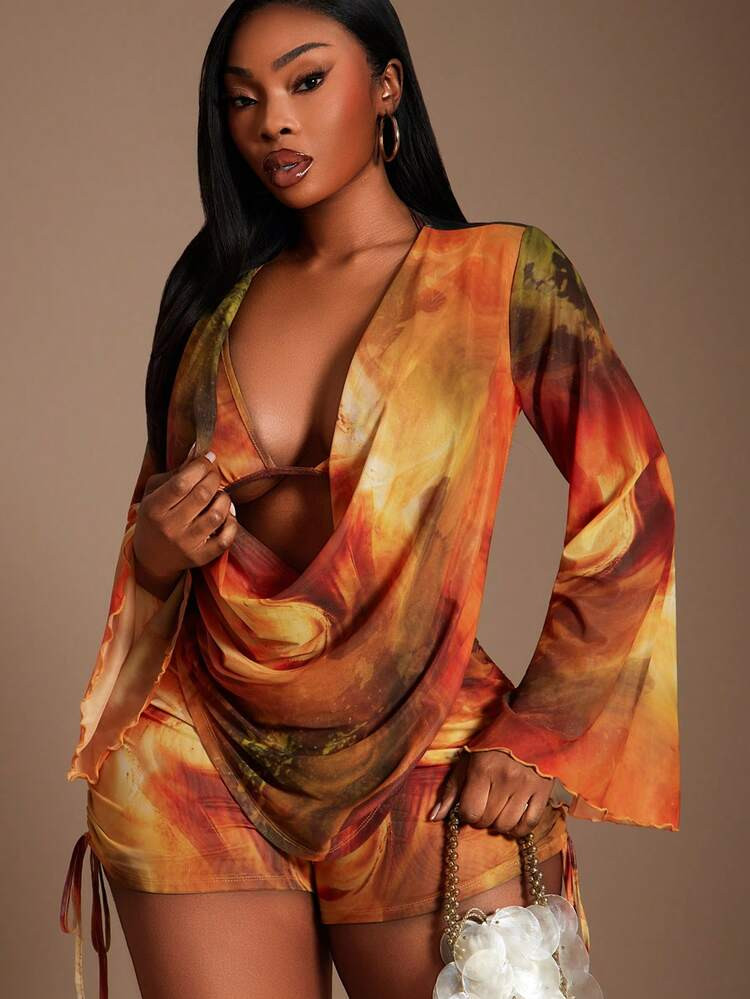 Radiana Plus Size Women's Sexy Transparent Mesh Marble Tie-Dye Print 3Pcs Summer Vacation Set: Long Sleeve Draped Plunge Neck Cover Up + Spaghetti Strap Bra Top + Drawstring Waist Shorts, Suitable For Island Vacation, Beach, Bikini Cover Up,Spring To Summer, | SHEIN