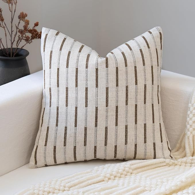 Decorative Neutral Throw Pillow Covers 18x18 Farmhouse Pillow Covers Cotton Stripe Cushion Covers... | Amazon (US)